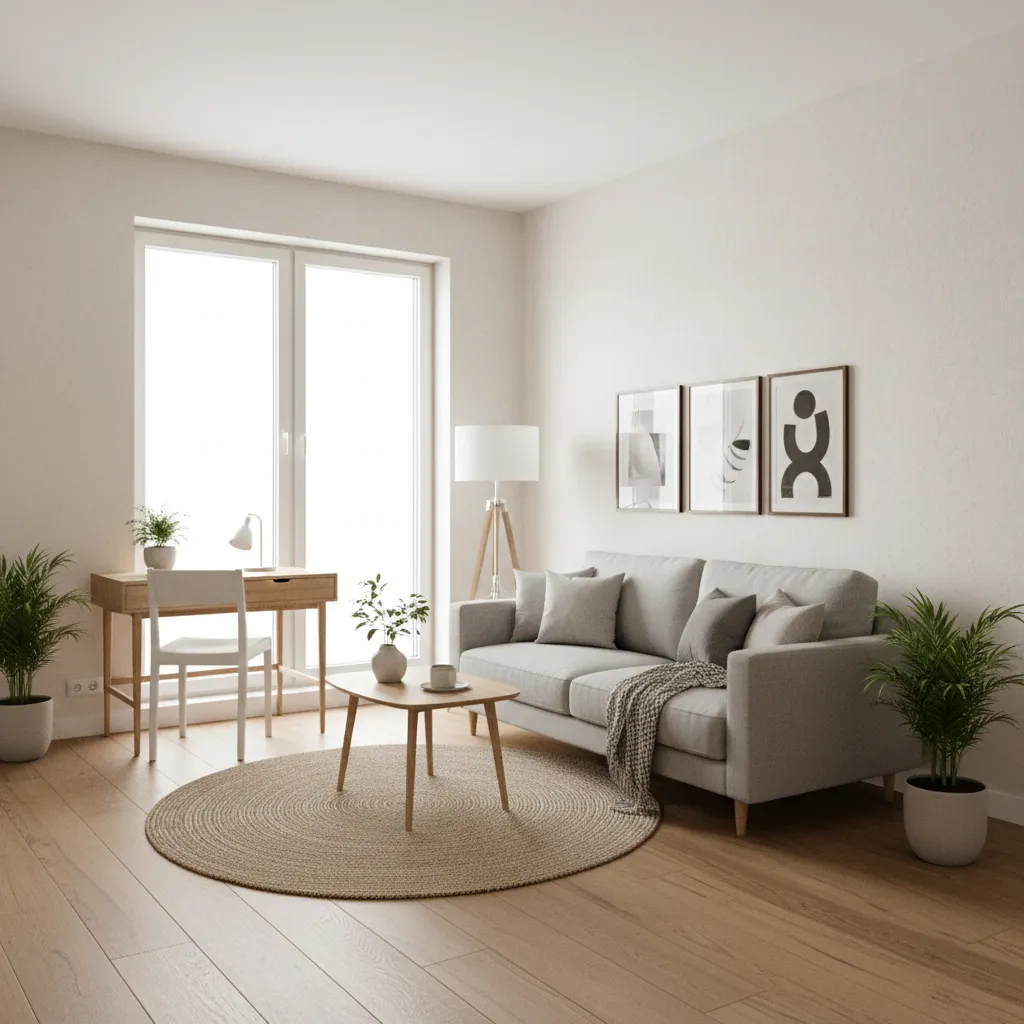 compact studio apartment living zone with sofa and workspace