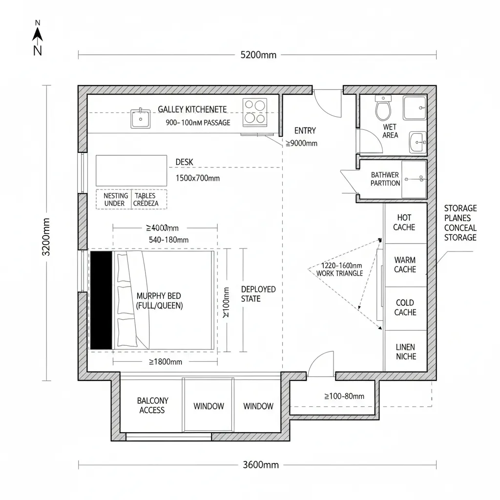 Top-down CAD plan of a reversible compact studio with kitchenette and storage wall