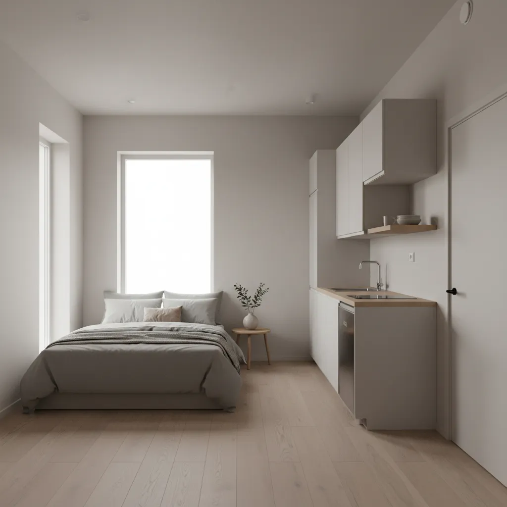 compact studio room with bed kitchenette and bathroom door layout