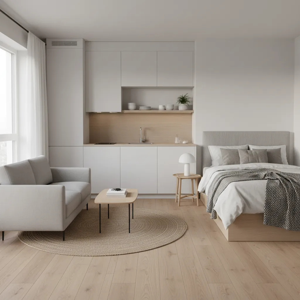 Compact studio room with kitchenette wall and bed area