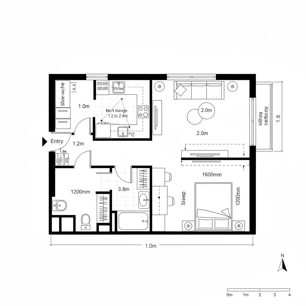 Compact studio floor plan showing kitchen area living space bedroom bathroom and balcony with labeled dimensions