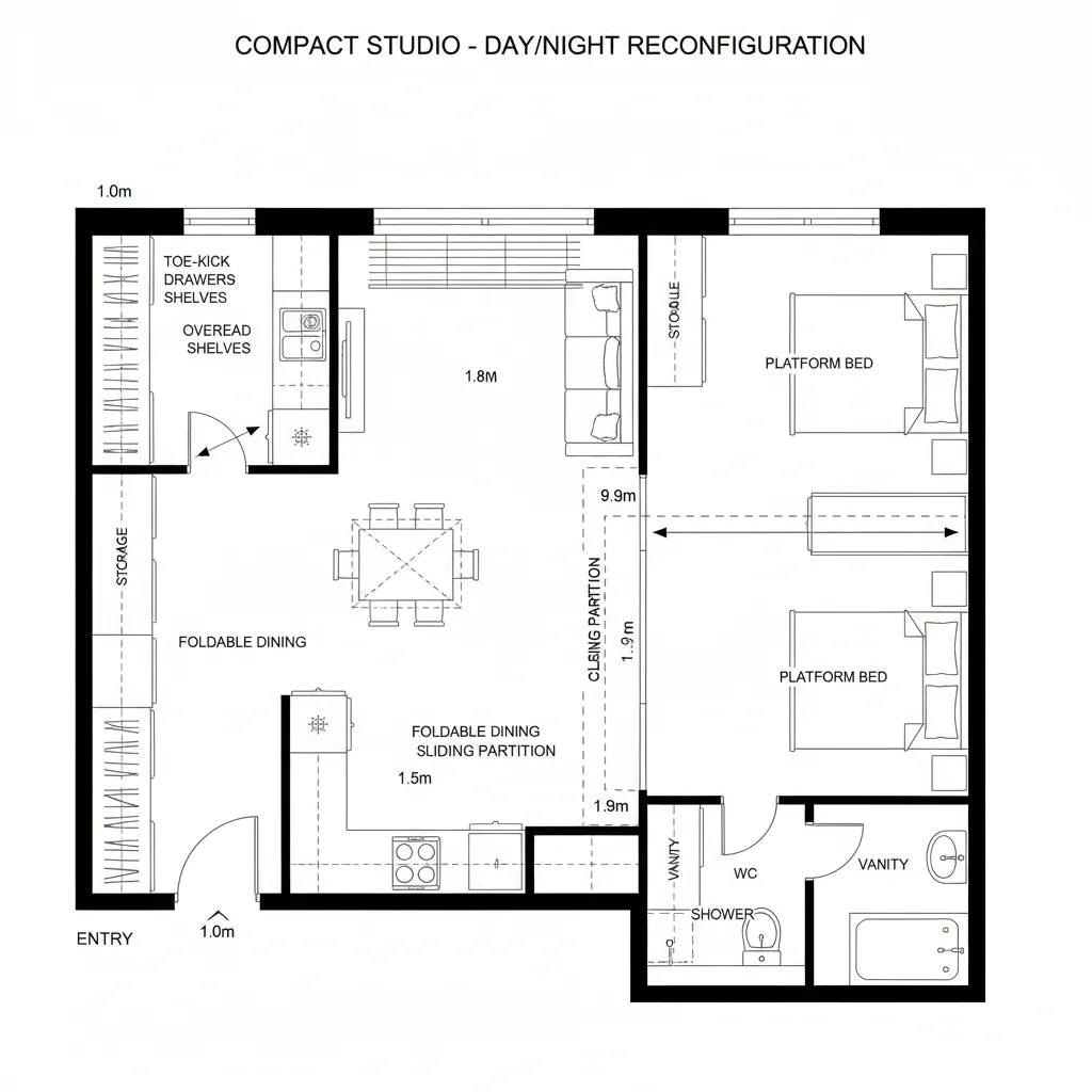 2D CAD studio plan with sliding partition separating sleep module from main bay