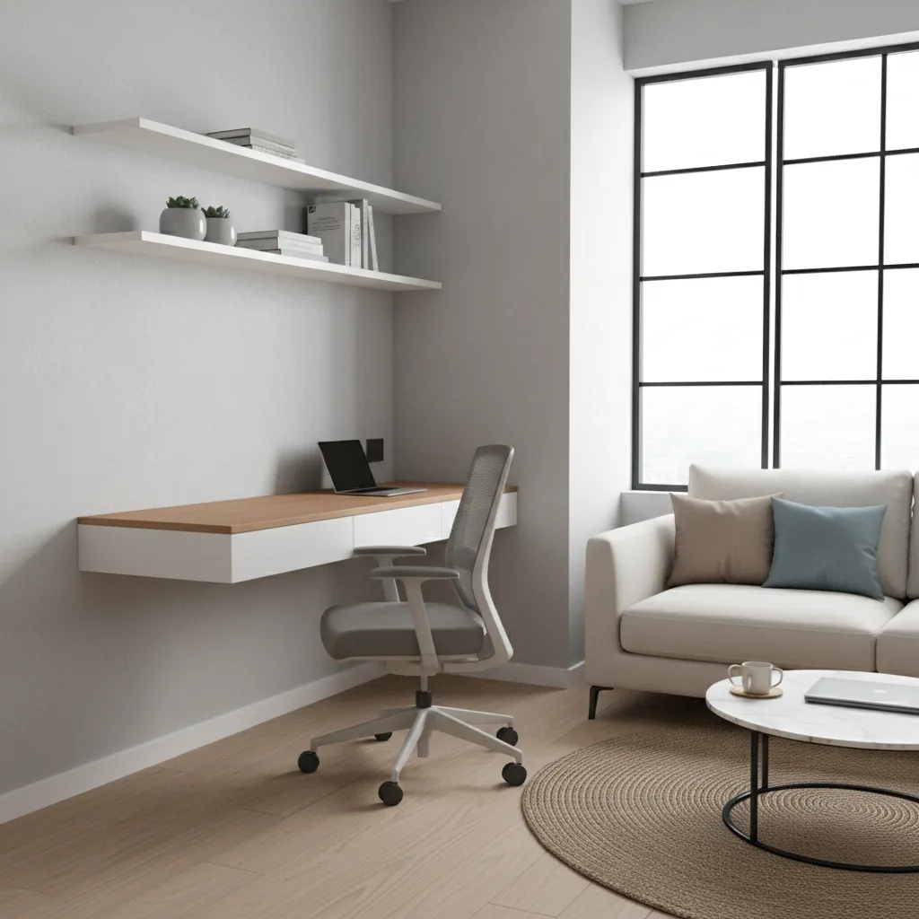 compact study desk setup in a small apartment living area