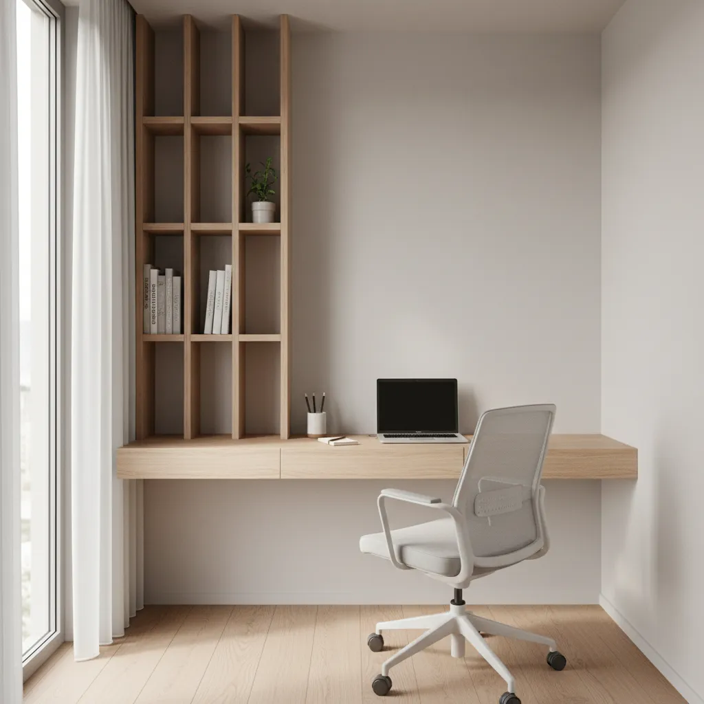 small apartment study room with floating desk and shelves