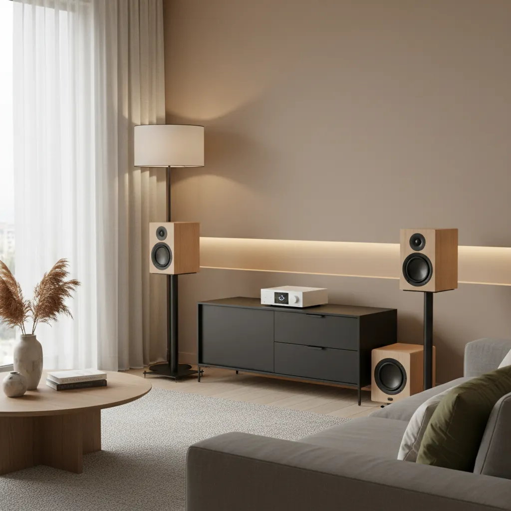 Small subwoofer integrated with bookshelf speakers in a compact room