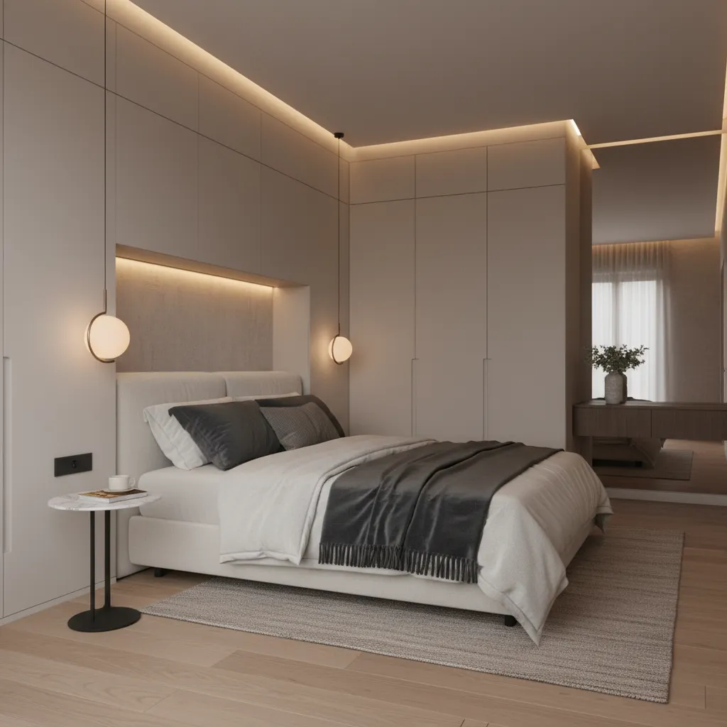 Suite compacta con dormitorio y almacenamiento integrado