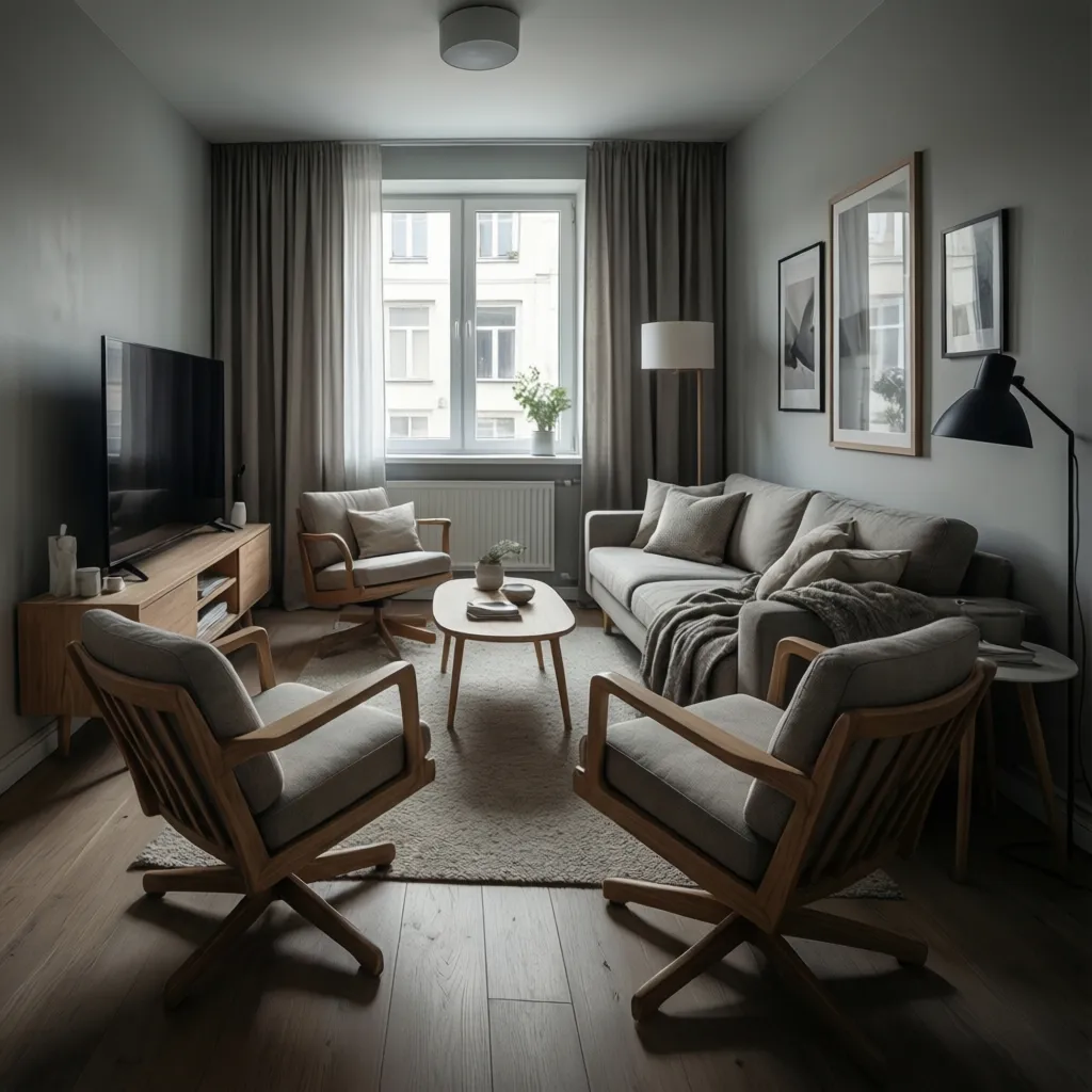 compact swivel chairs placed in a small apartment living room layout