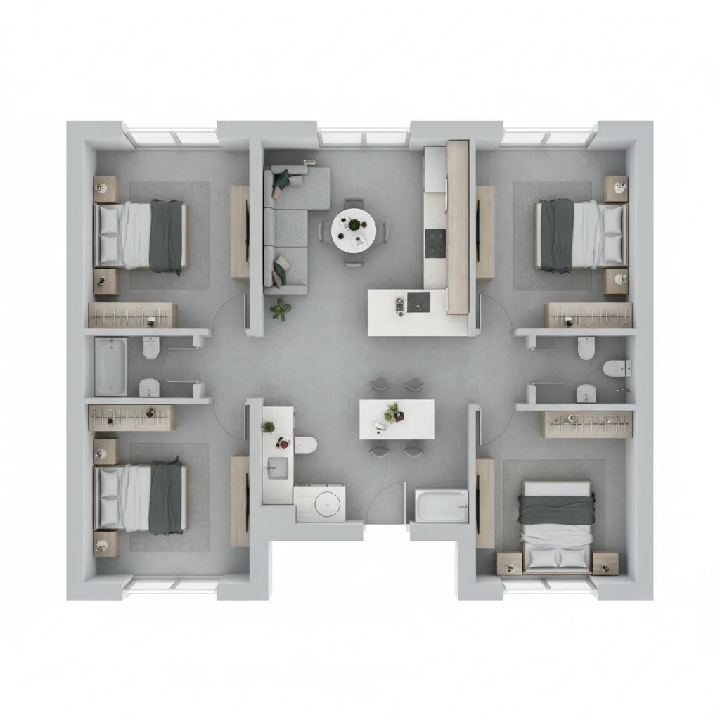 Plano compacto de casa con tres dormitorios pequeños