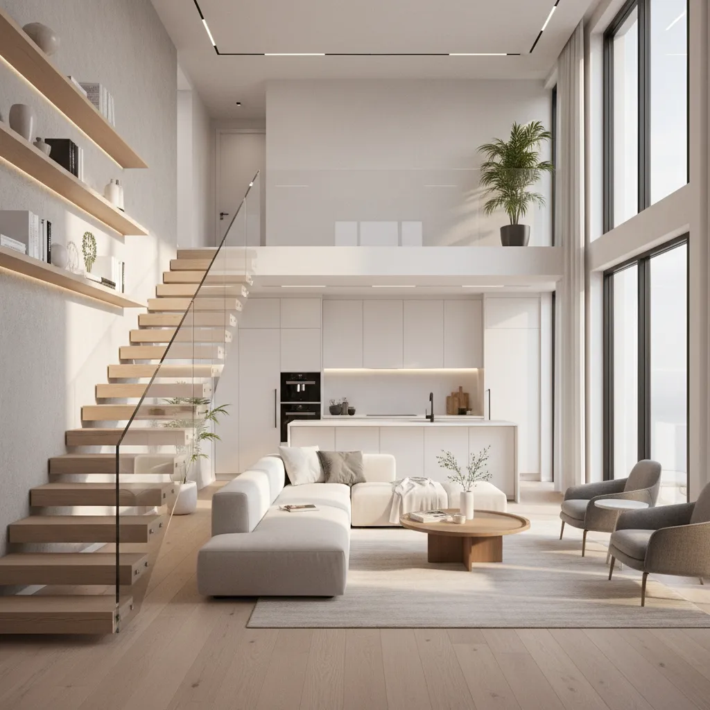 Interior of a compact three story house showing efficient open layout