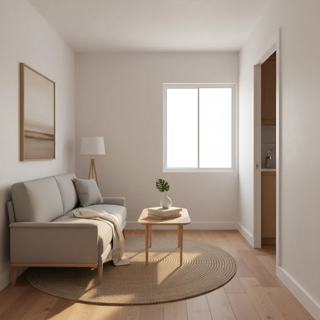 Small living room in a 720 sq ft house with compact sofa and efficient furniture layout