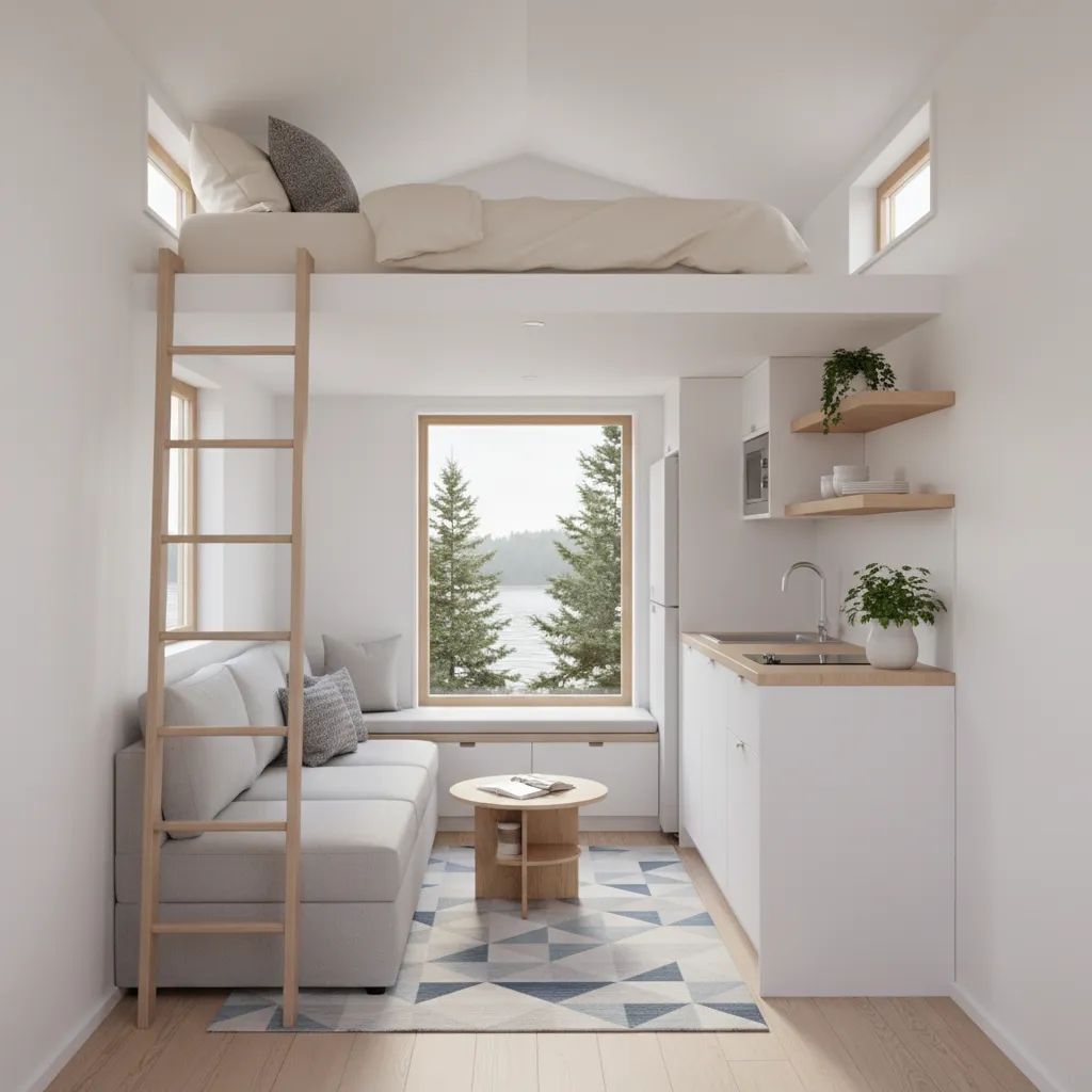 compact tiny house interior layout showing kitchen loft and multifunction furniture