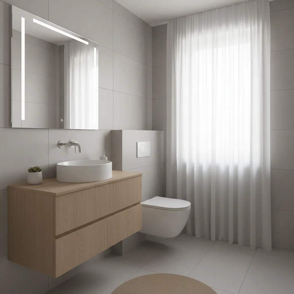floating vanity and compact toilet in a narrow bathroom