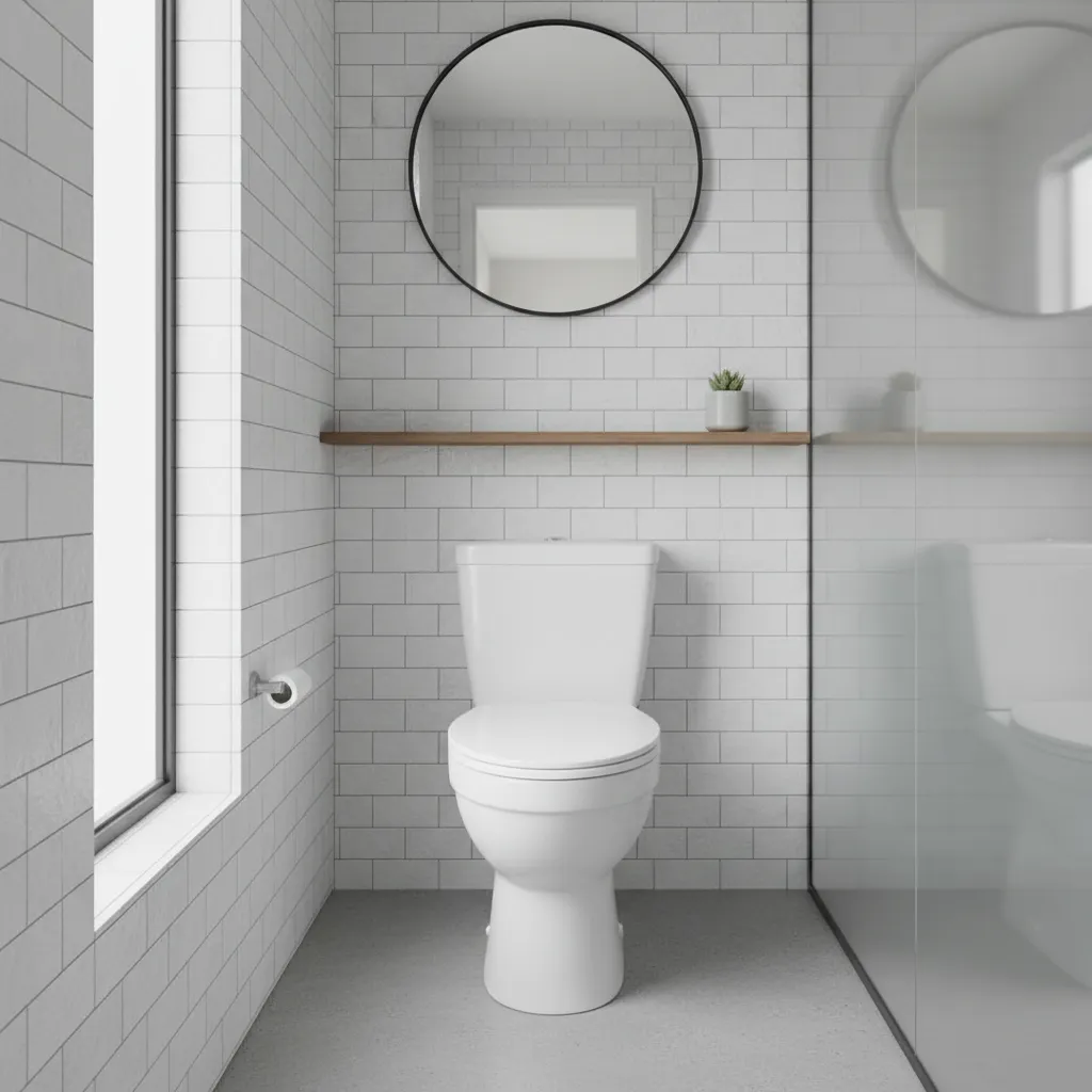 compact round toilet in narrow small bathroom space