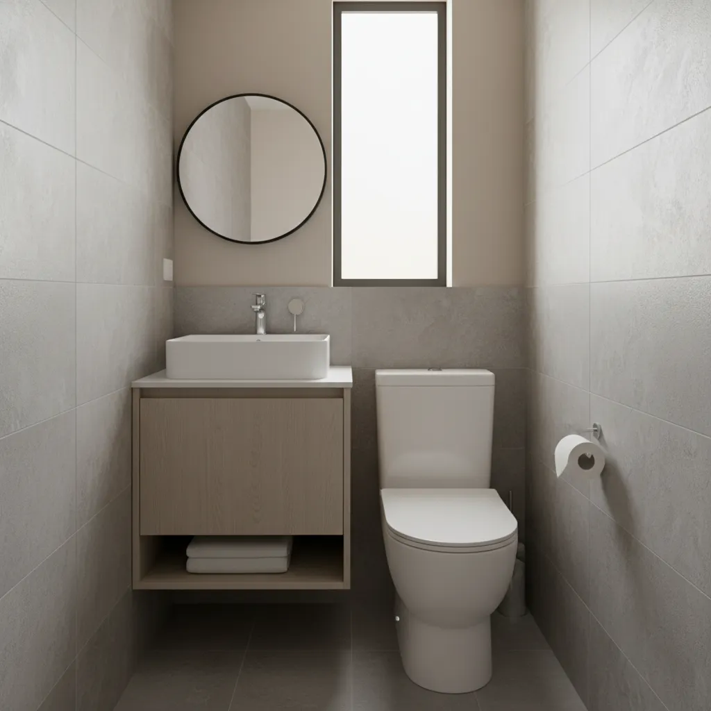 Compact toilet installed in narrow bathroom next to vanity
