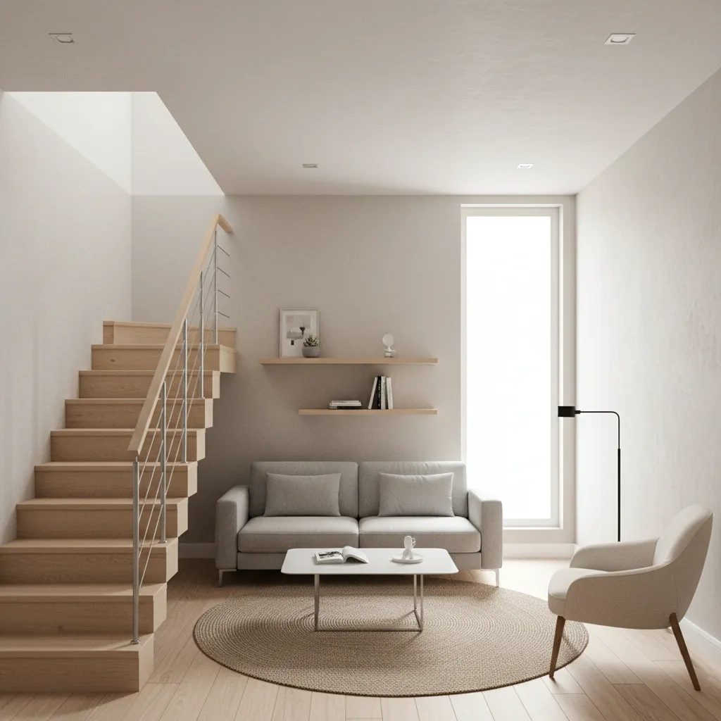 Small modern townhouse interior with compact living room and stairs