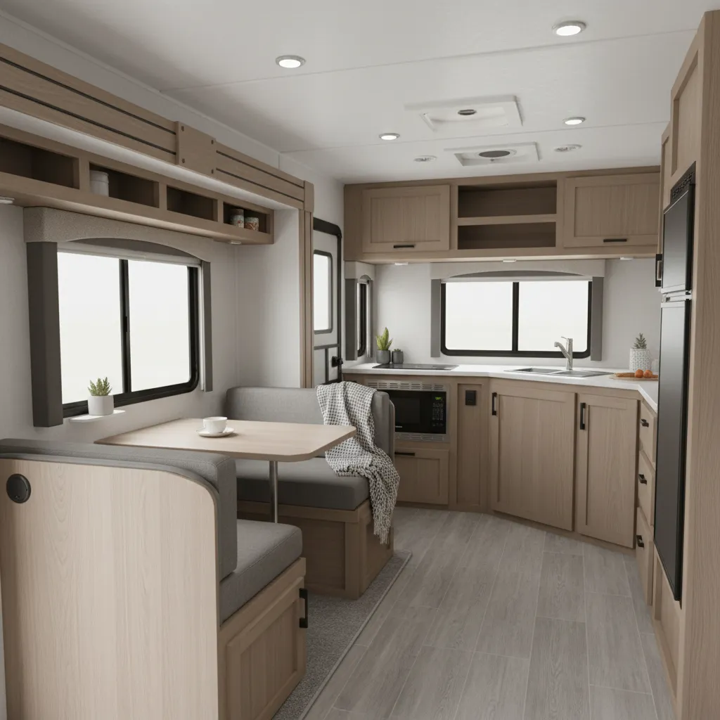 interior of a modern 19 ft travel trailer showing dinette bed and compact kitchen