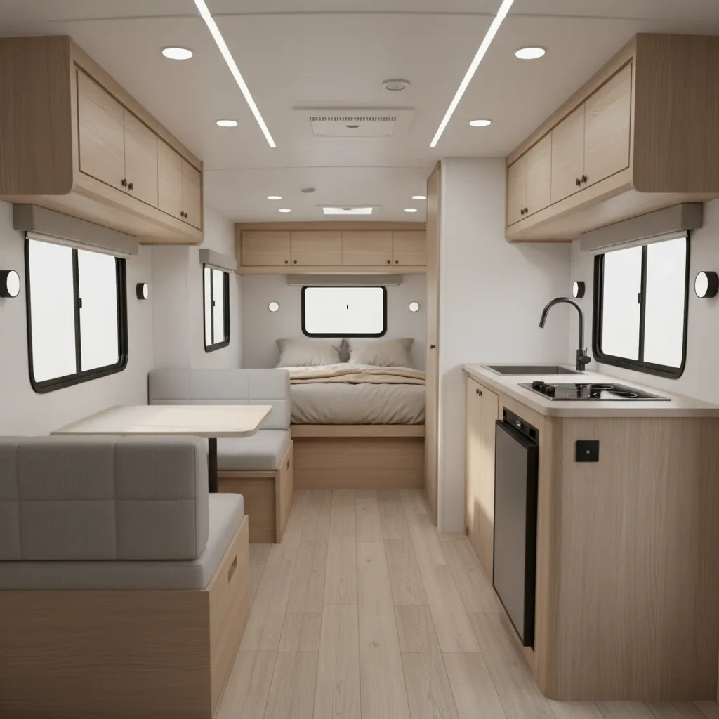 small 19 ft travel trailer interior with dinette kitchen and sleeping area