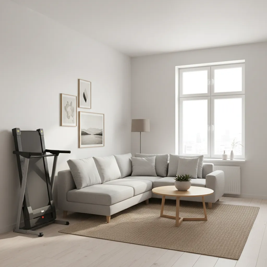 Slim foldable treadmill placed in a compact apartment living room