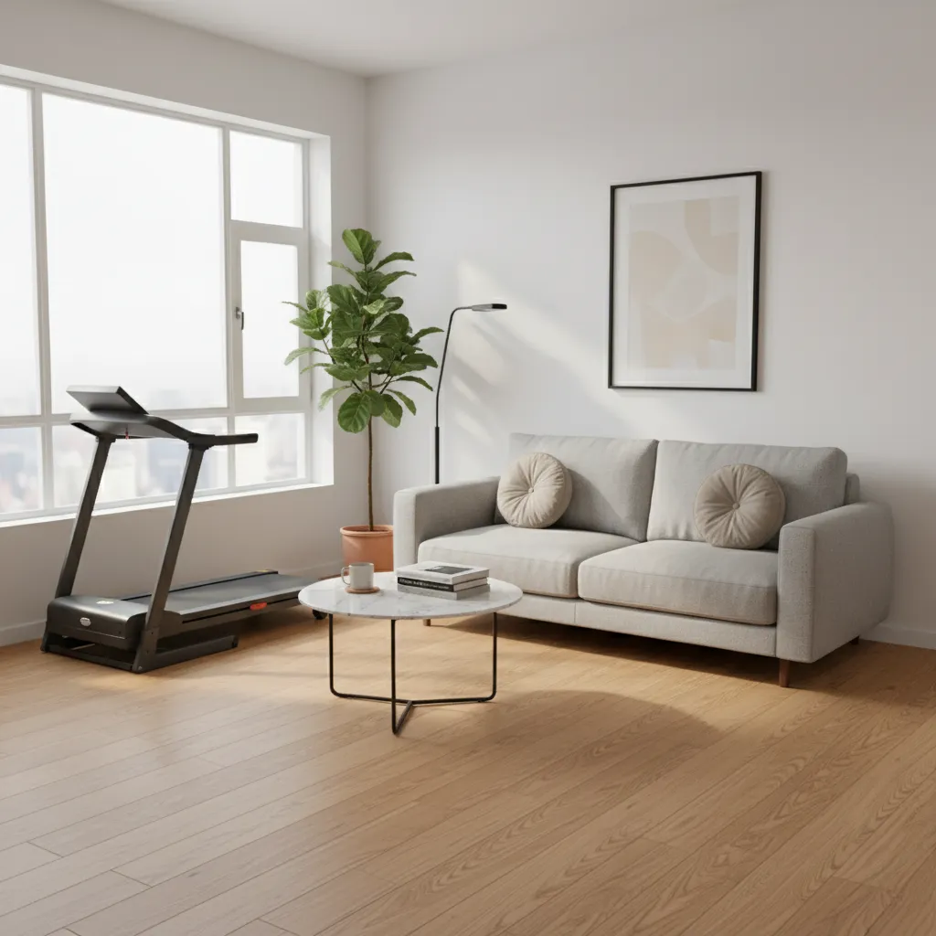 Compact treadmill placed in a small apartment living room workout corner