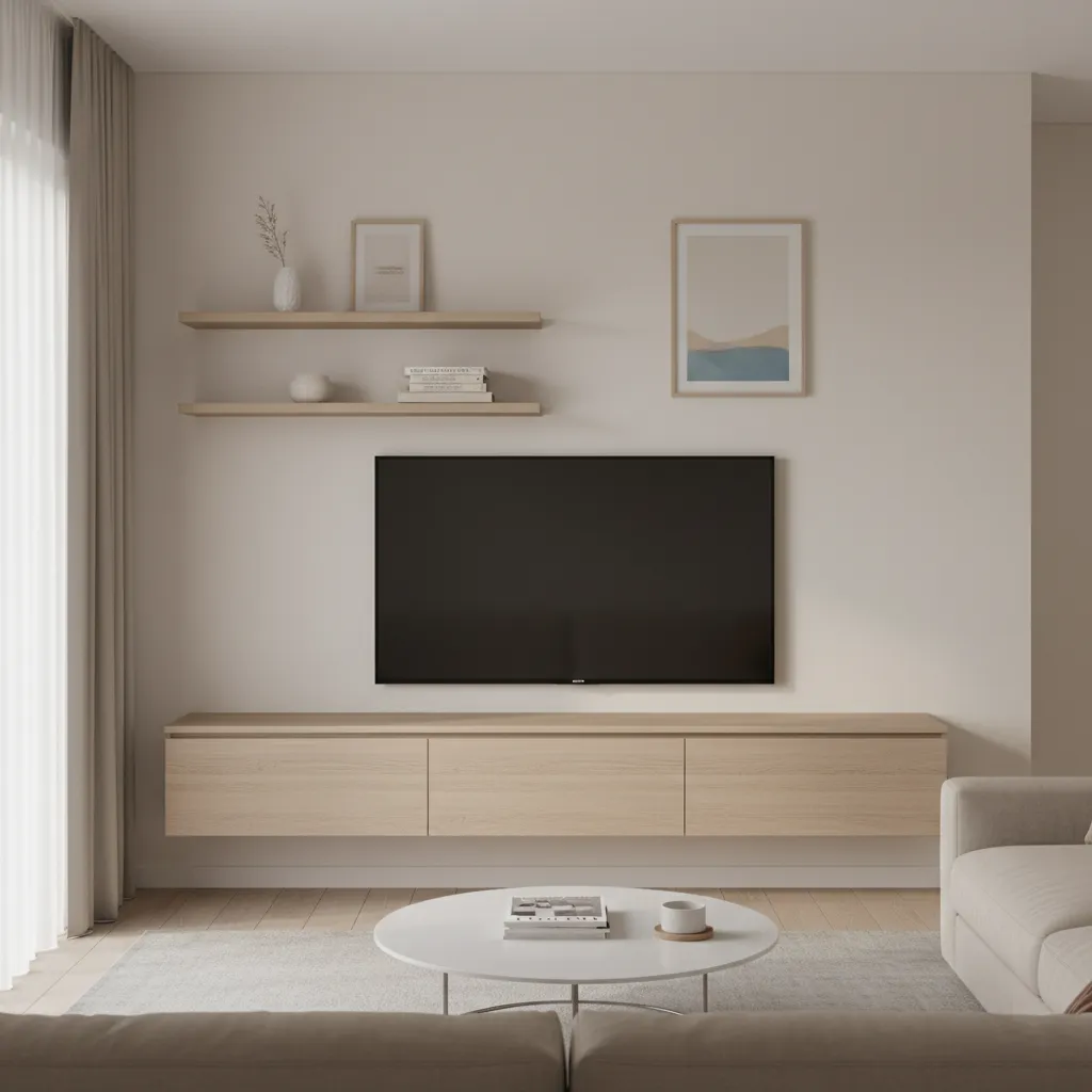 Small TV unit with closed cabinets and limited open shelving