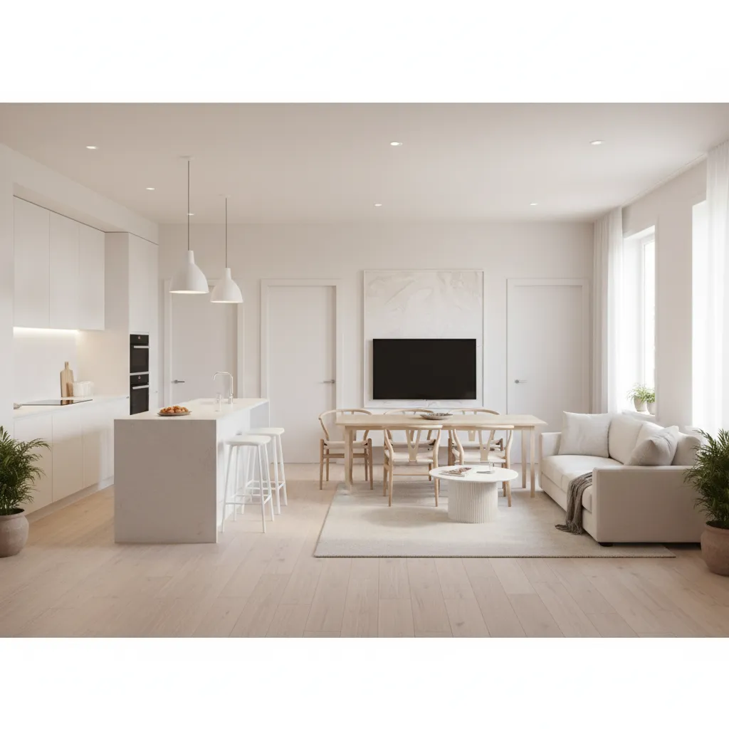 Minimalist white living room and kitchen area with sofa dining table and white ceiling lights