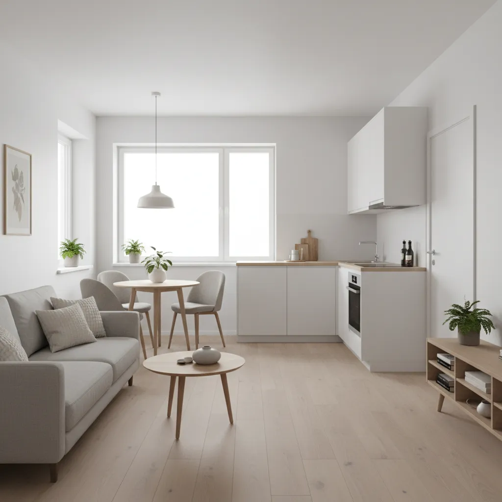 open living room and kitchen layout inside a small two bedroom house