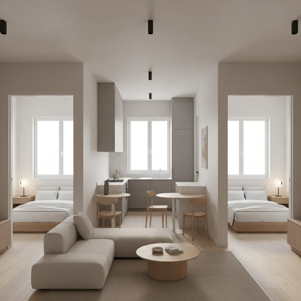 interior layout visualization of a compact two bedroom house with central living hall