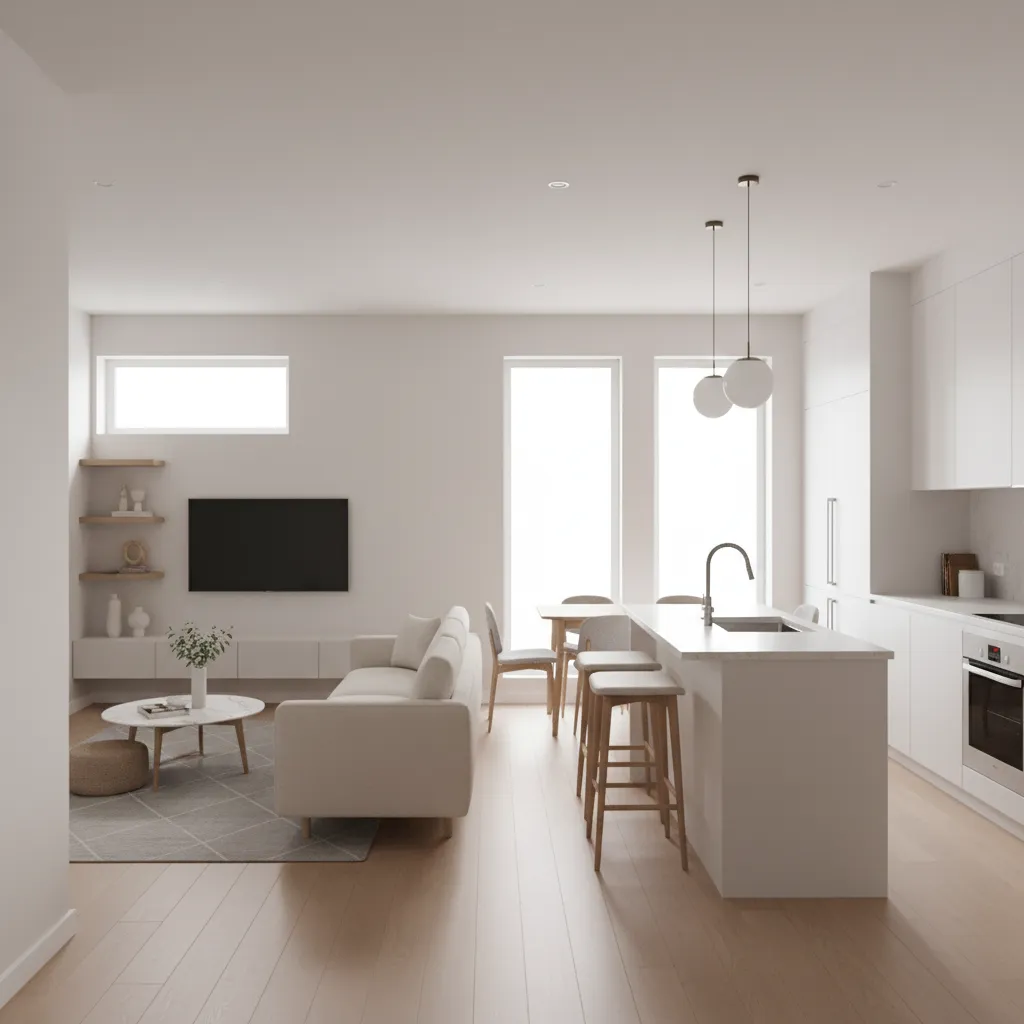 compact 660 sq ft house interior showing living room kitchen and hallway flow