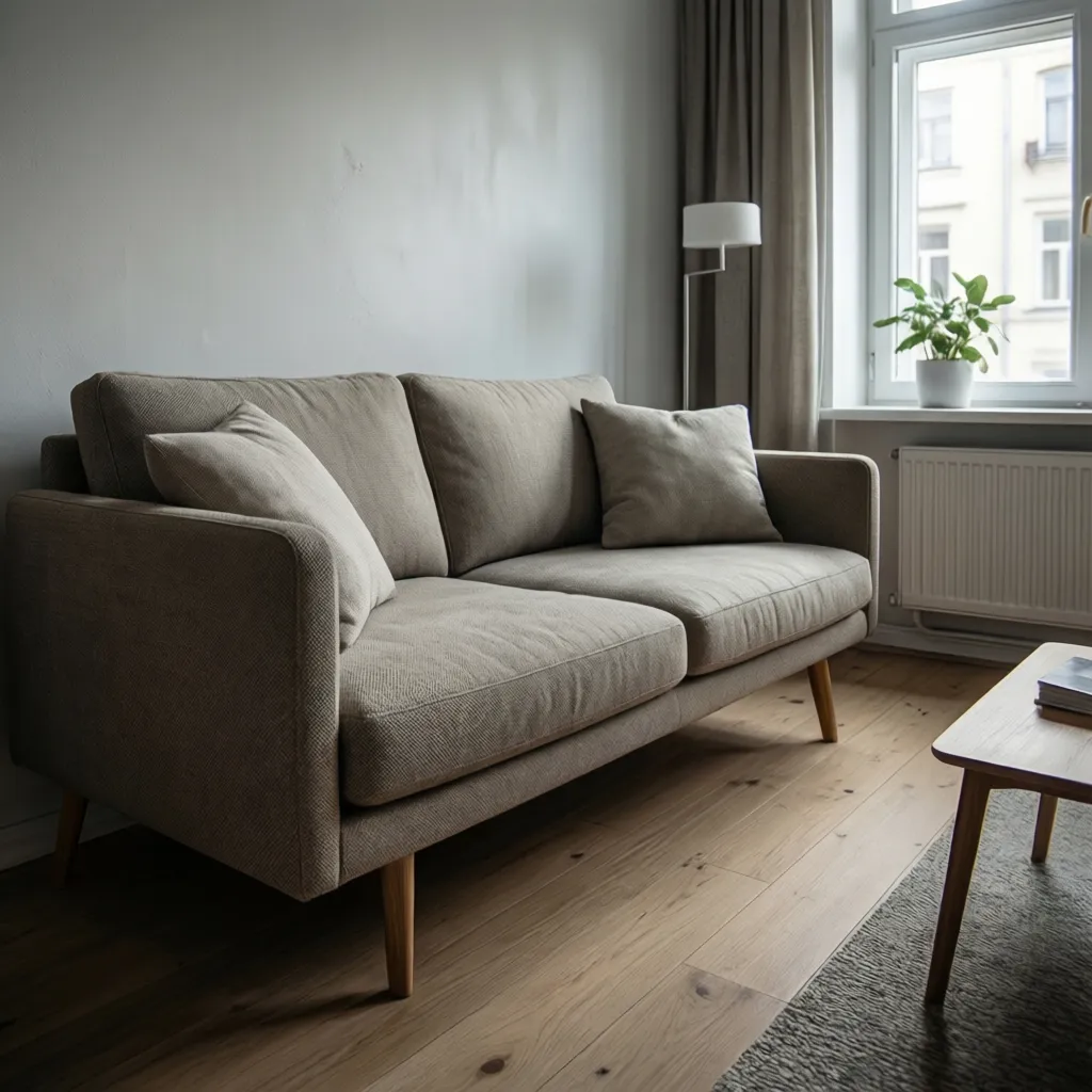 compact two seat sofa in a small apartment living room with minimalist decor
