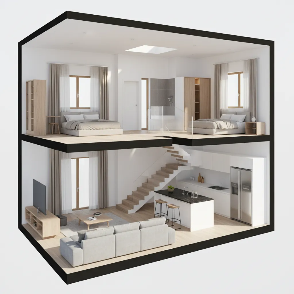 compact modern two story house interior layout visualization