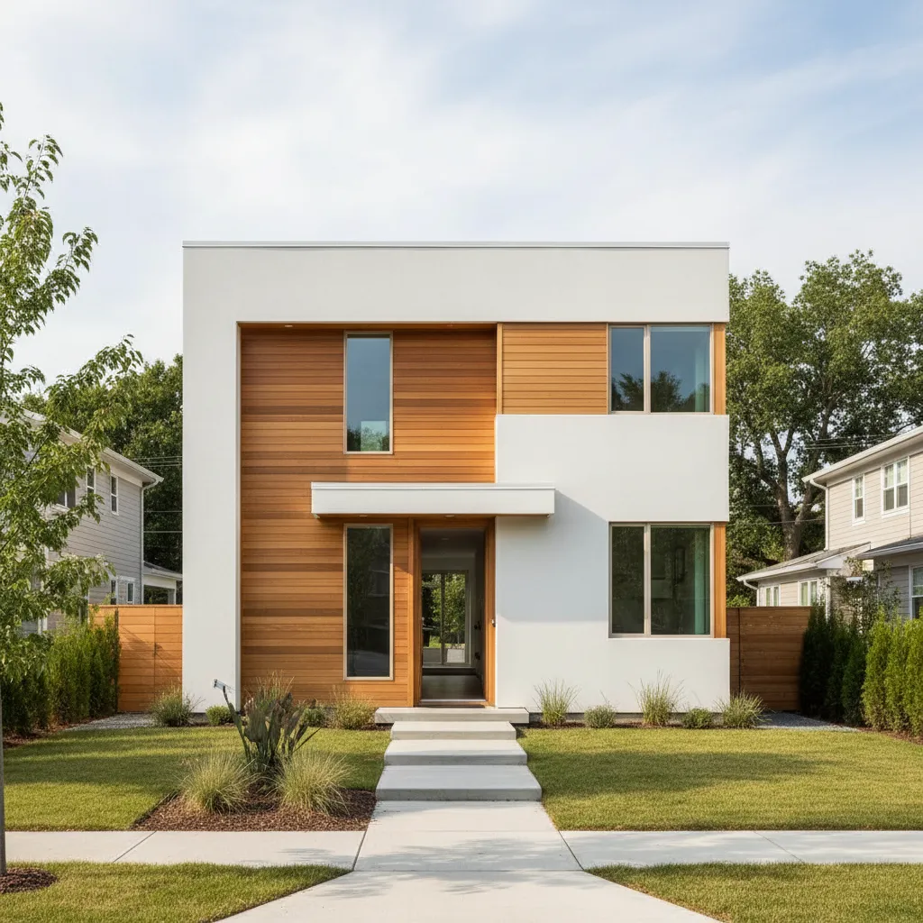 Exterior de una casa pequeña de dos plantas con diseño simple y económico