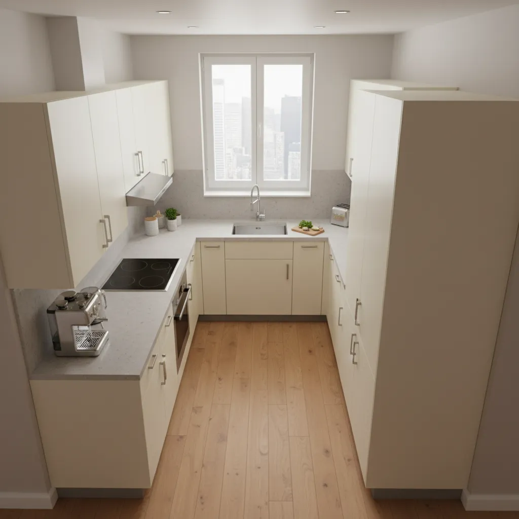 Compact U shaped kitchen showing narrow aisle and three cabinet walls