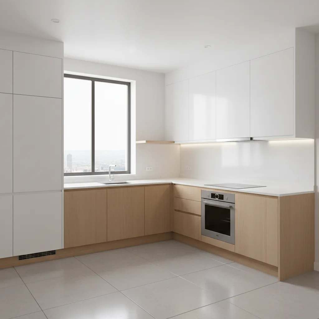 compact U shaped kitchen layout with modern cabinets and efficient workflow
