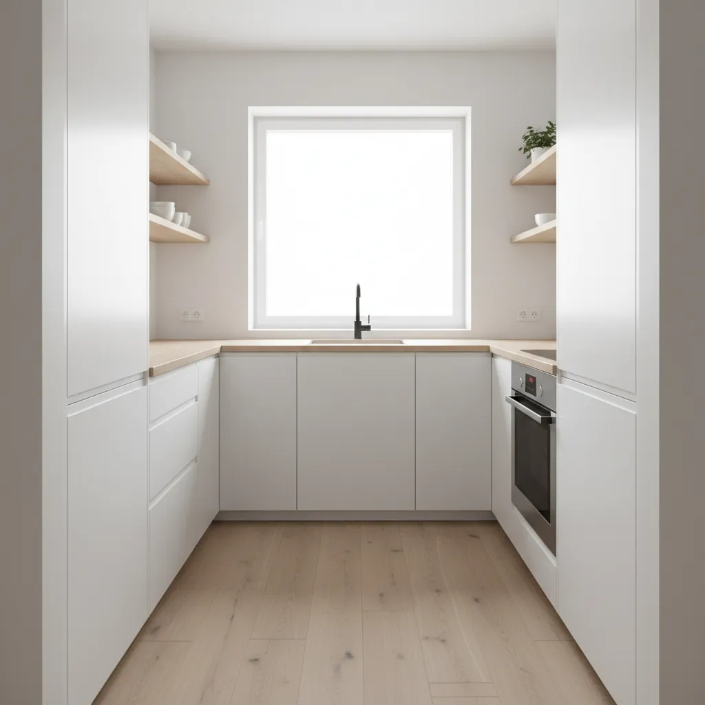 Compact U-shaped kitchen layout in a small apartment with continuous countertops