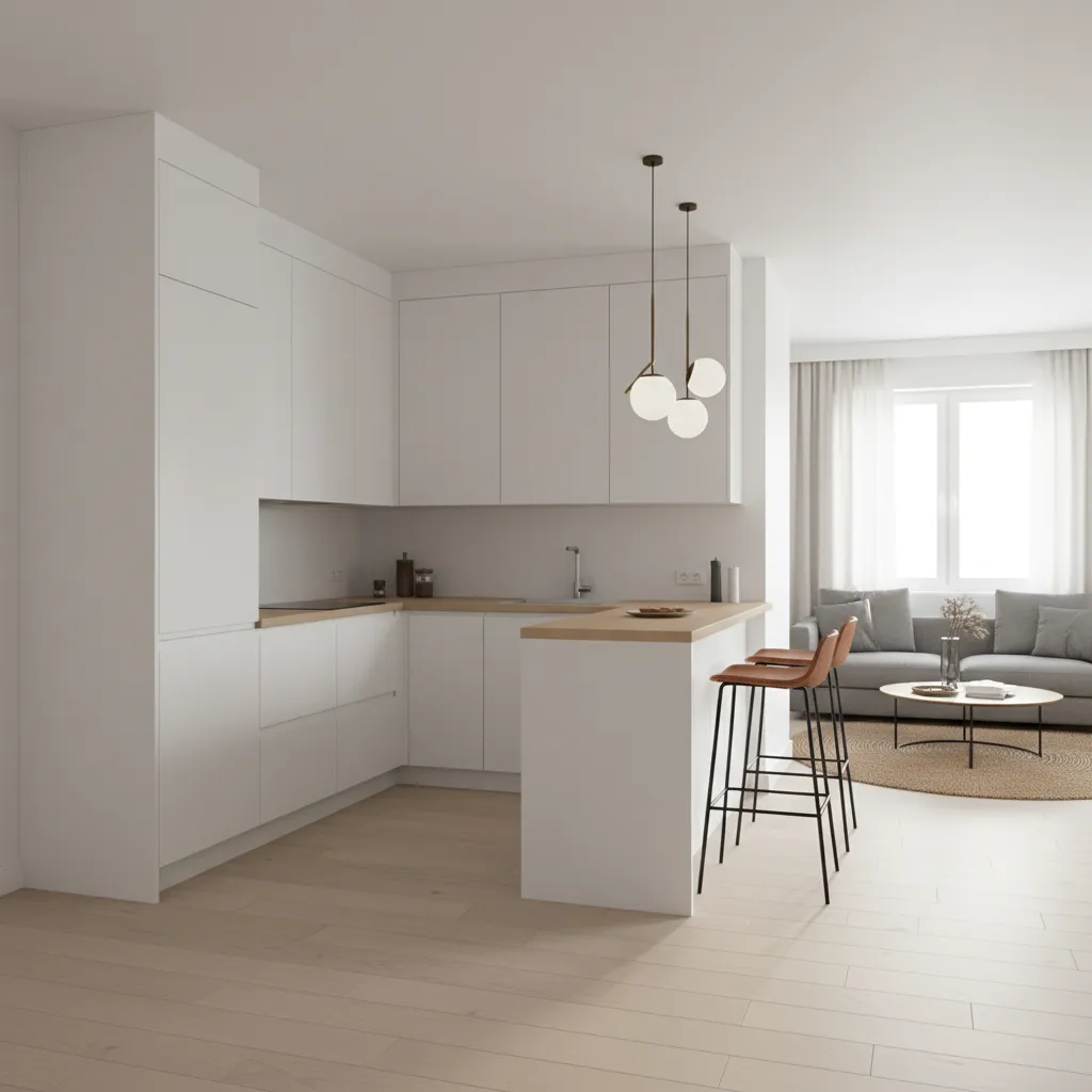 Compact U-shaped kitchen layout with peninsula breakfast bar