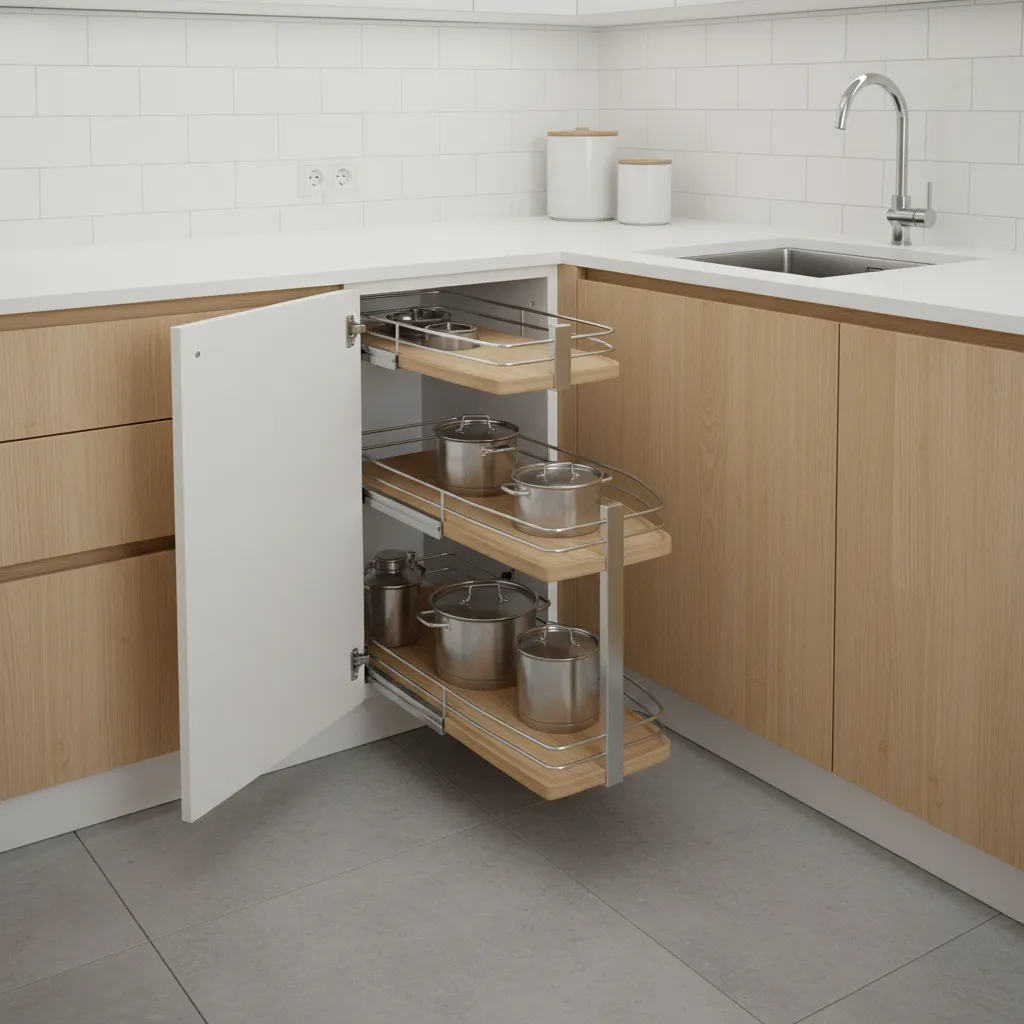 Small U shaped kitchen corner storage solution with pull out cabinets