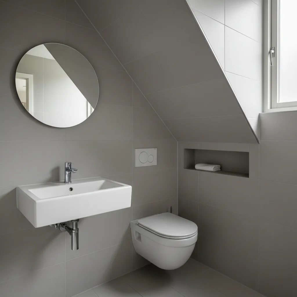 Small grey bathroom under sloped ceiling with white sink wall toilet round mirror and window