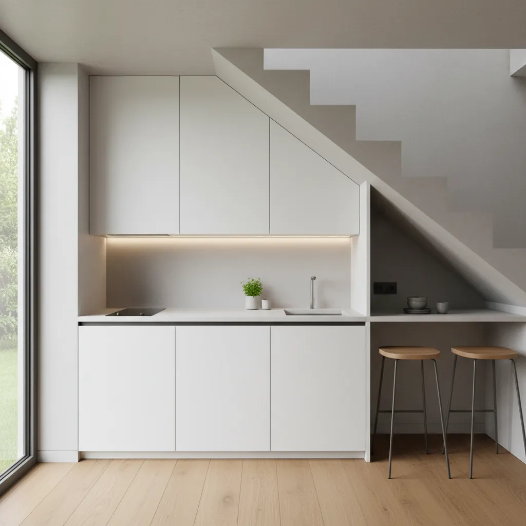 compact kitchen built under staircase with smart storage and angled ceiling