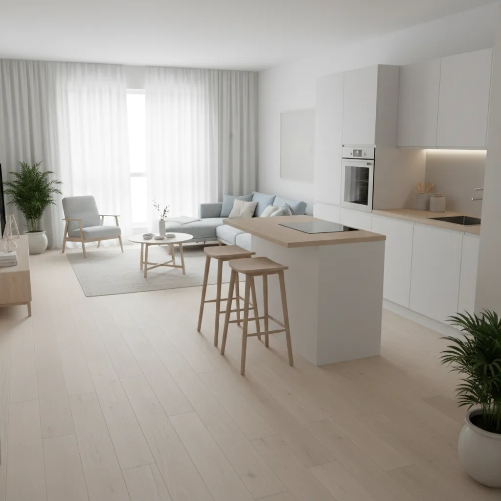 Open plan living room and kitchen with wood floor light sofa island and wooden stools