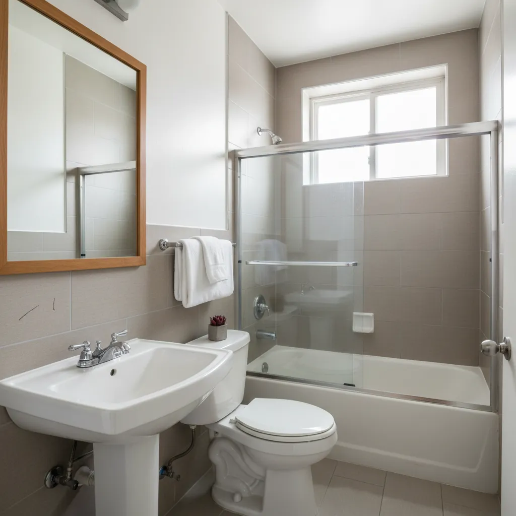 Compact apartment bathroom interior showing limited space before renovation