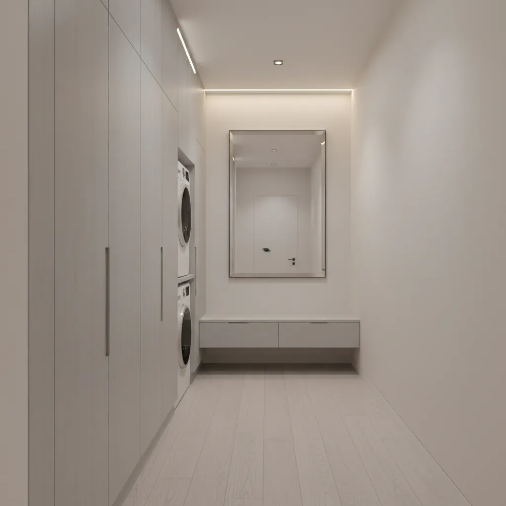 Compact urban apartment hallway with concealed laundry cabinet doors