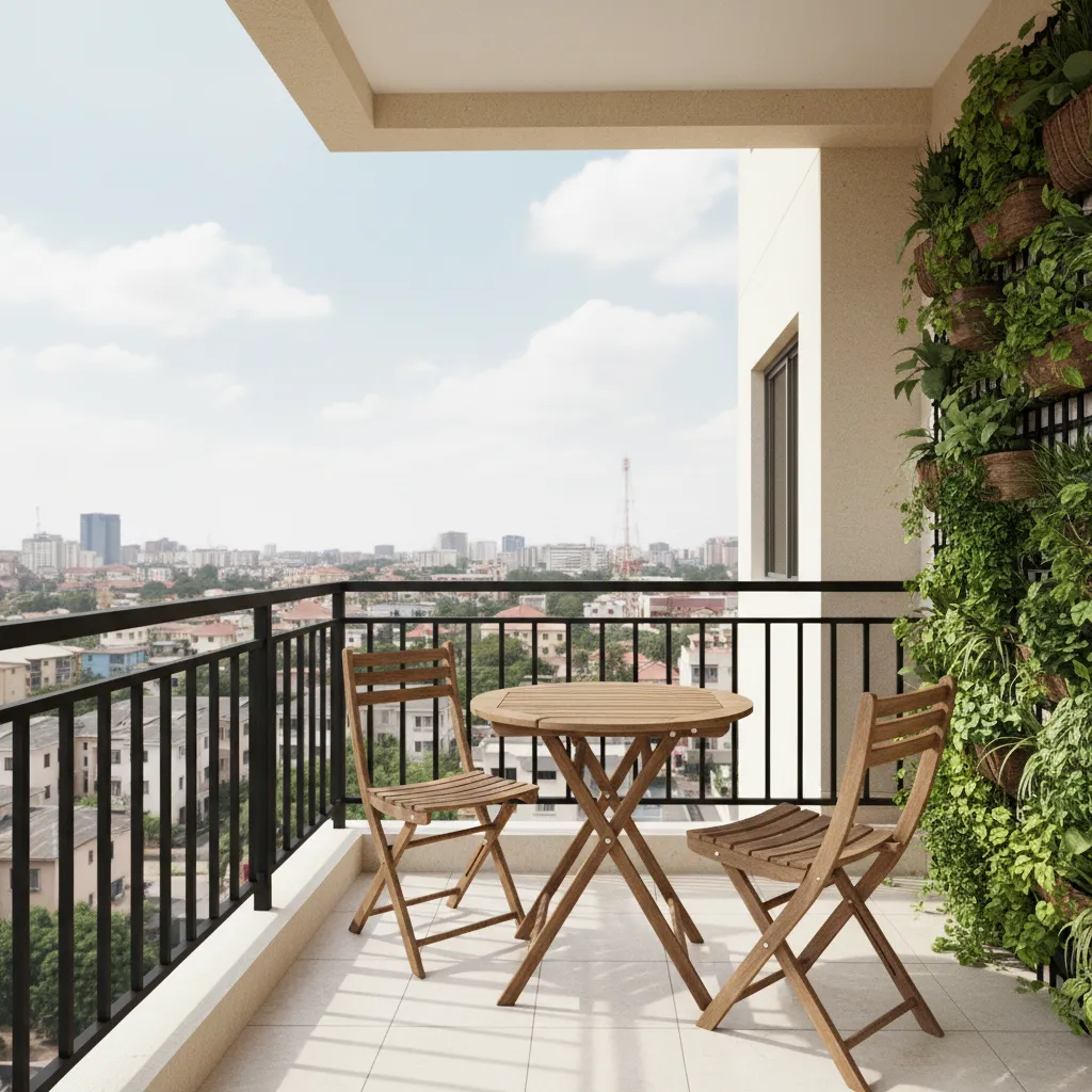 Small urban apartment balcony in Nigeria with foldable furniture and vertical plants