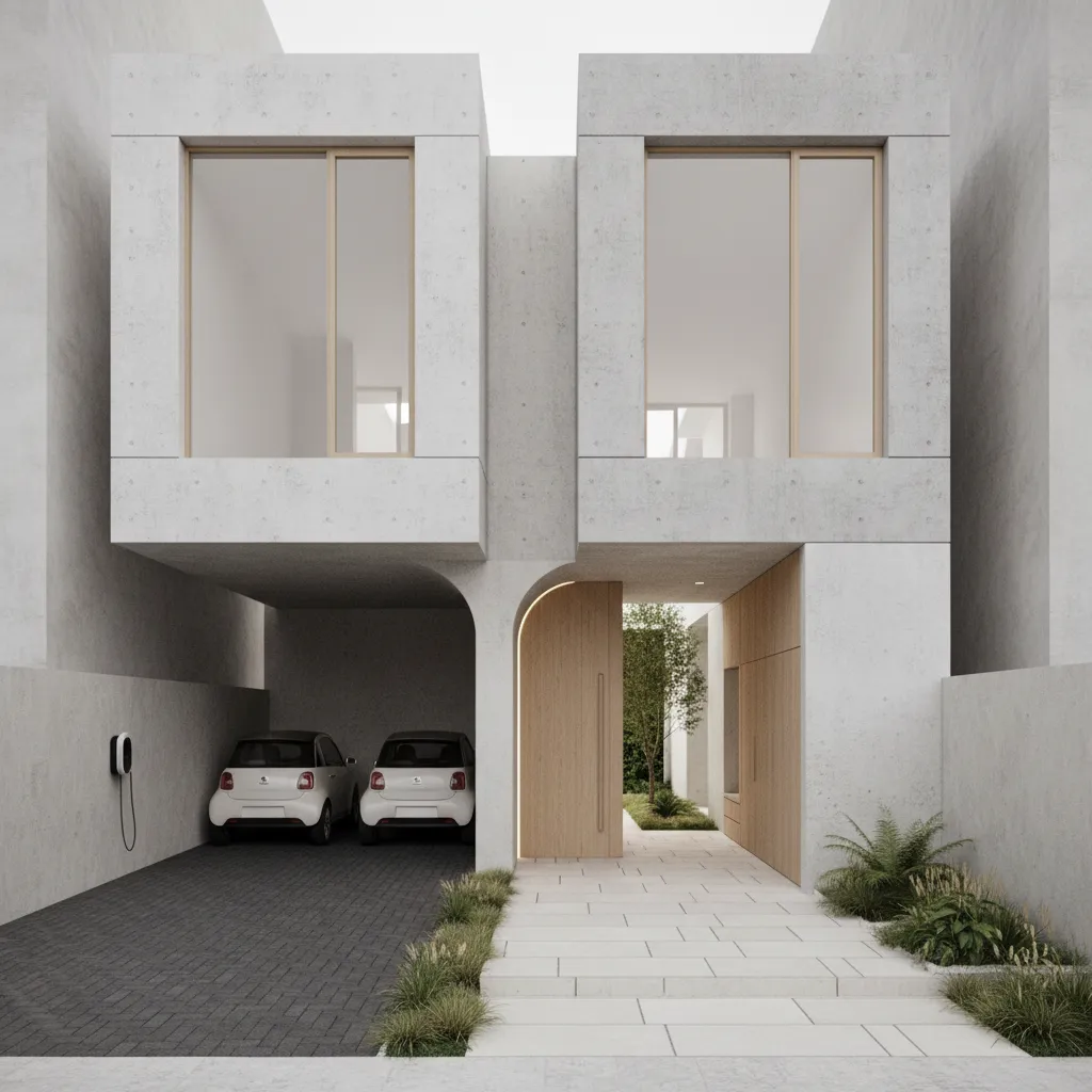 Modern concrete house with large windows wood door two small white cars parked in driveway