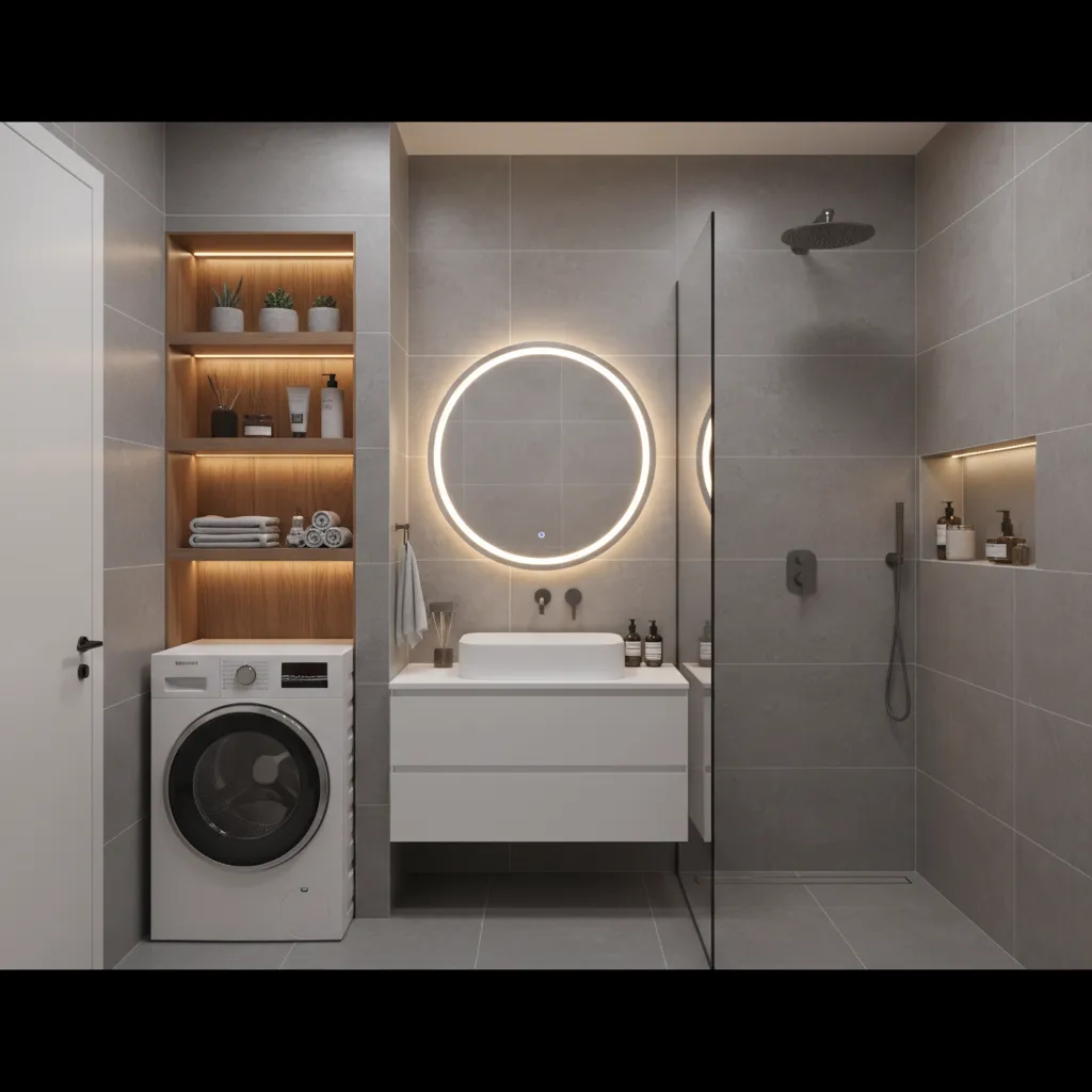 Small apartment bathroom with laundry machines integrated near storage wall