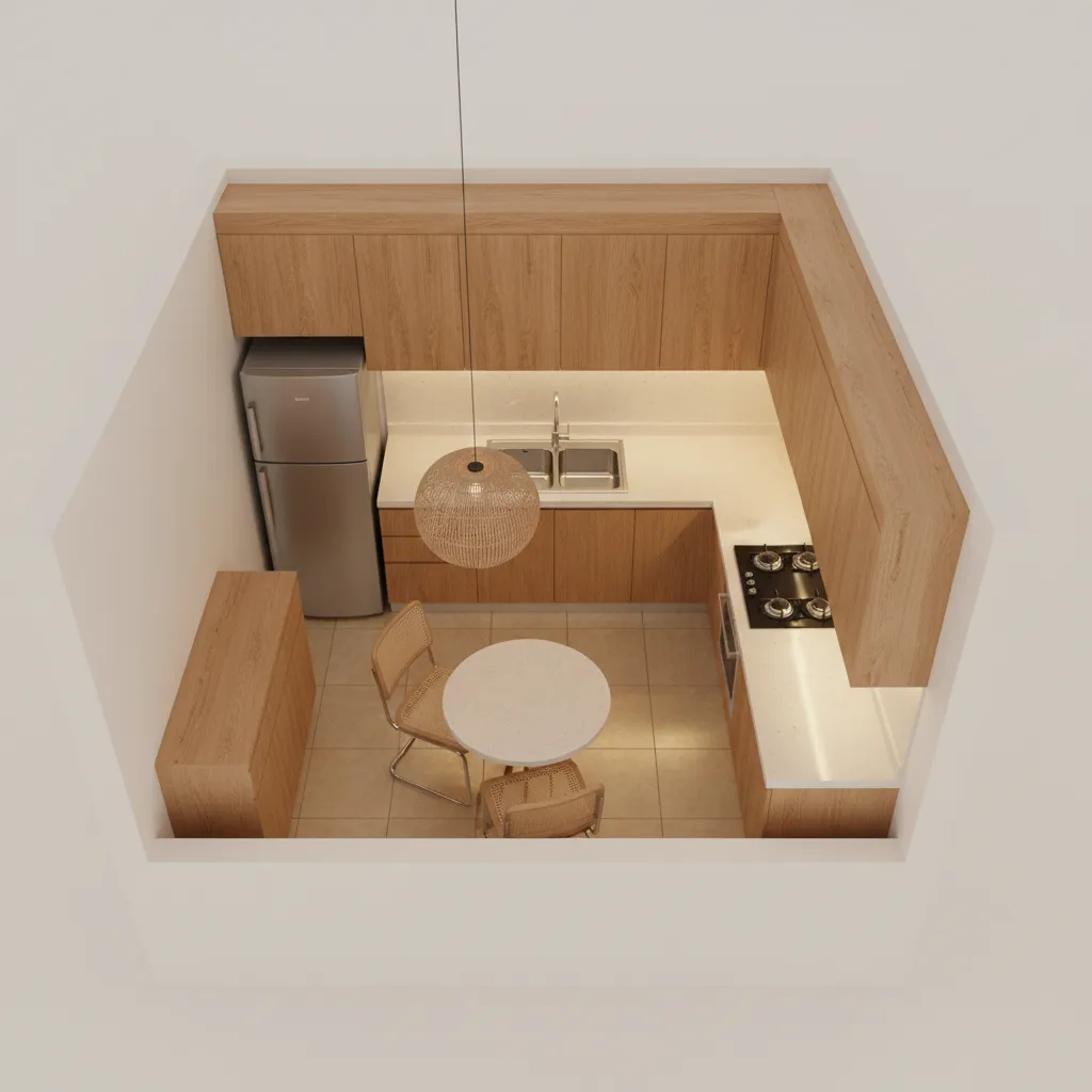 Small apartment kitchen layout showing stove in southeast and sink on north wall