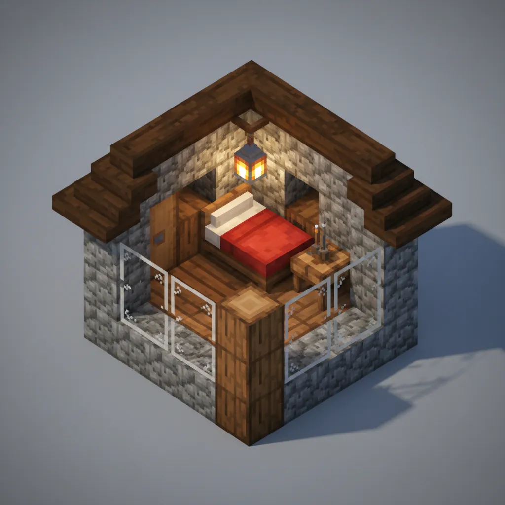 Casa compacta para aldeano en Minecraft con cama y estación de trabajo