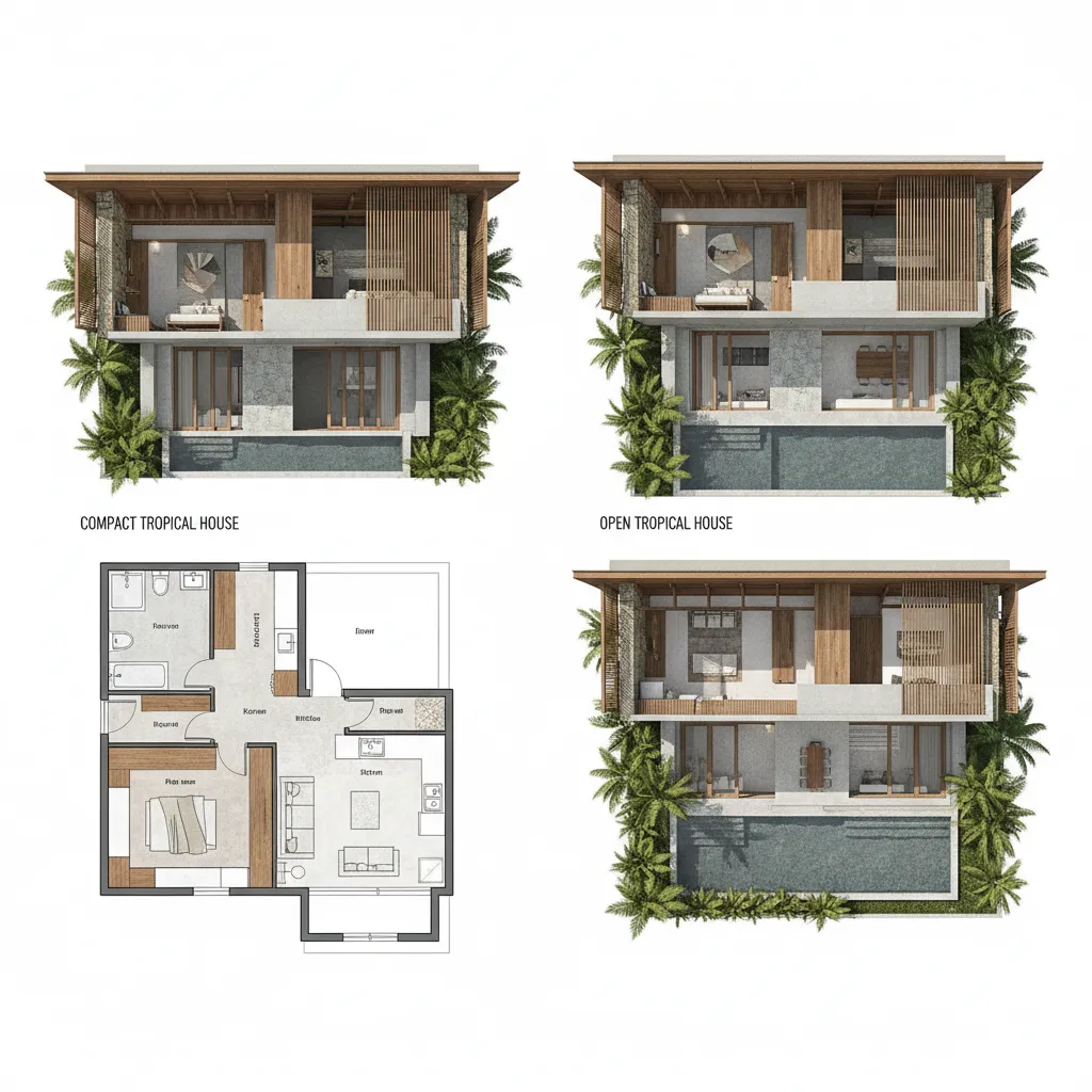 side by side comparison of compact tropical home layout and open layout design