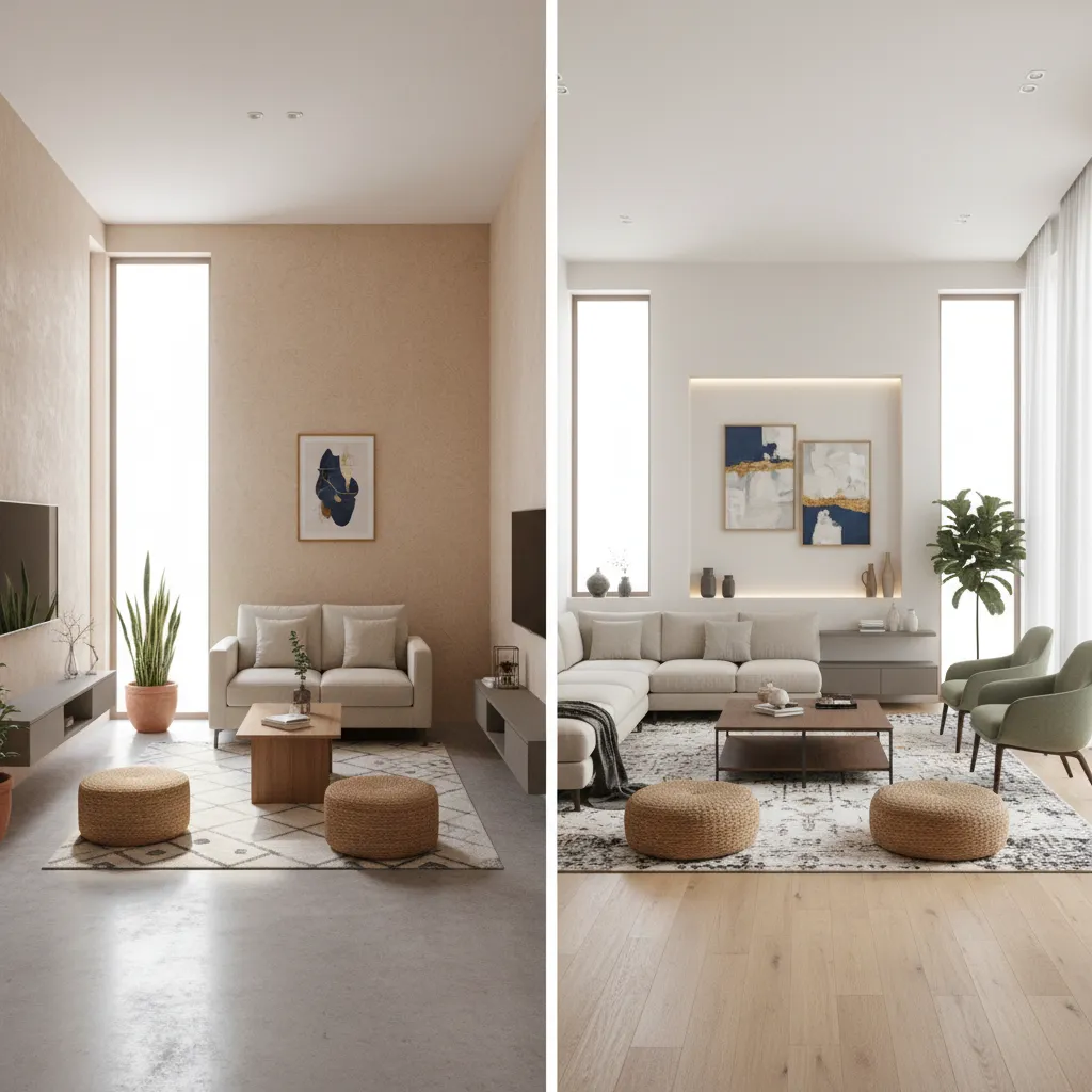 Comparison of compact and spacious living room layouts