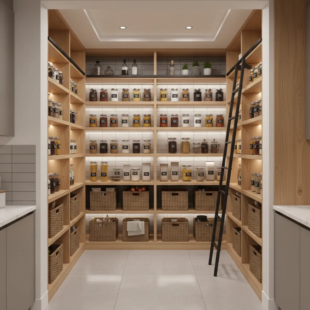 Small walk-in pantry with floor to ceiling shelves and organized food containers