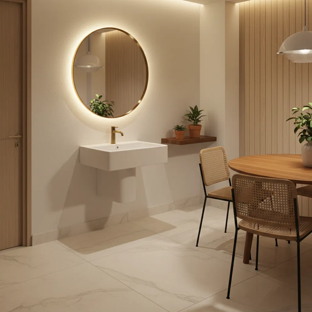 Compact wall mounted wash basin with mirror in dining area
